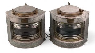 PAIR OF METEORITE PORT & STARBOARD LAMPS, galvanized cases with brass fittings and glass lenses,