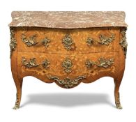 LOUIS XV STYLE MARBLE TOPPED BOMBE COMMODE, marble top, marquetry detail, gilt metal mounts and