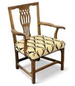 ANTIQUE OAK SPLAT BACK ELBOW CHAIR with quality modern patterned upholstered seat, 93 (h) x 73 (w) x