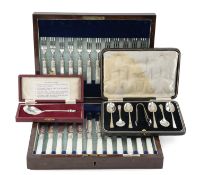 CASED SET OF SIX SILVER TEASPOONS WITH SUGAR TONGS, 2.6ozt; together with a sterling silver copy