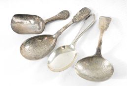 FOUR VARIOUS CADDY SPOONS, two Georgian with engraved bowls, approx. 58g gross Provenance: private