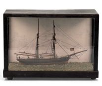 SMALL SCRATCH BUILT WOODEN SCALE MODEL TWIN-MASTED SAILING SHIP, contained in display case, 23cms (