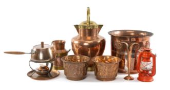 MIXED GENERAL COPPERWARE, including Moroccan water jug, copper jardinière, small storm lantern,