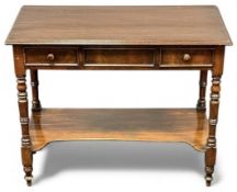 20TH CENTURY MAHOGANY TWO-DRAWER SIDE TABLE with lower shelf, 77 (h) x 97 (w) x 49cms (d)
