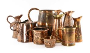 SELECTION OF COPPER JUGS & TANKARDS, including a coopered oak ale jug, 29cms (h); a Victorian copper