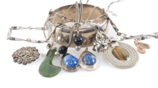 DECORATIVE SILVER JEWELLERY, including modern silver engraved bangle, tiger's eye pendant,