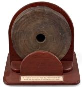 ANTIQUE WOODEN DEADEYE recovered from the Napoleonic frigate HMS Trincomalee, with brass hub,