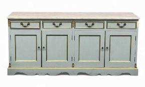 DUCK EGG BLUE PAINTED DRESSER BASE with faux marble top, 84.5 (h) x 181.5 (w) x 51cms (d)