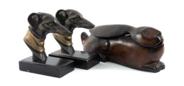 PAIR OF MODERN BRONZE LURCHER BOOKENDS, 23 (h) x 18.5cms (w); and decorative resin crouching hare