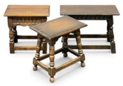 THREE VINTAGE OAK STOOLS, similar heights and depths, 61cms the longest Provenance: private
