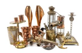 MIXED BRASS & COPPERWARE, including beer taps, reproduction miner's lamp, blowtorch, Victorian brass