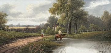 ETTY HORTON (British, active 1884-1918) oil on canvas - man crossing stream on horseback,