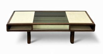 JEAN MANEVAL STYLE MID-CENTURY WENGE COFFEE TABLE, probably African walnut, with glass and Formica