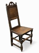 ANTIQUE JOINED OAK CHAIR,18th century with high arched back, on turned and block supports, 109 (h) x