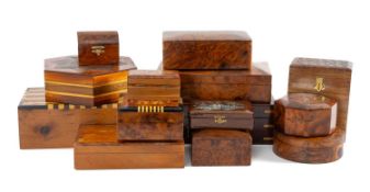 ASSORTMENT OF BURR WOOD & OTHER BOXES, including an Indian hardwood and brass inlaid jewellery