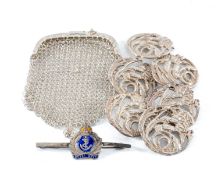 SET OF SIX ART NOUVEAU STYLE SILVER BUTTONS, Chester 1901, continental chain mail purse, and a Royal