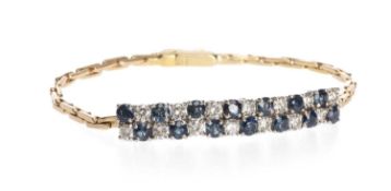 18CT GOLD, DIAMOND & SAPPHIRE PAVÉ-SET BRACELET, arched rectangular top set with double row of 28