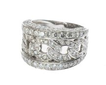 WHITE METAL DIAMOND ENCRUSTED RING, of interlinking design, stamped '18kt', ring size N, 9.0g
