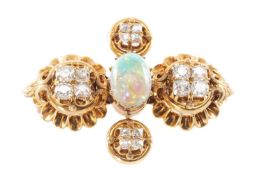 ANTIQUE YELLOW METAL DIAMOND & OPAL CRUCIFORM BROOCH, the central opal cabochon (10 x 7mms)
