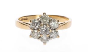 18CT GOLD SEVEN-STONE DIAMOND CLUSTER RING, of flower head design, 0.8cts overall approx., ring size