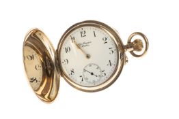 J. W. BENSON 9CT GOLD FULL HUNTER POCKET WATCH, signed stepped white enamel dial, subsidiary seconds