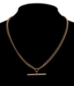 9CT GOLD CURB LINK DOUBLE WATCH ALBERT, centred with a T-bar and with double spring clips, clasps