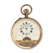 SWISS KEYLESS WIND POCKET WATCH, of Hebdomas type, white enamel Roman dial with subsidiary Roman