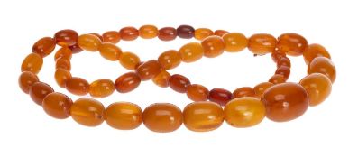 GRADUATED AMBER BEAD NECKLACE, strung with 51 beads from 20mm-8mm, 54cms (l), approx. wt. 24.5g