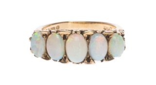 9CT GOLD FIVE-STONE OPAL CABOCHON RING, ring size N, 5.1g in ring box Provenance: private collection