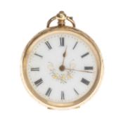 18CT GOLD SWISS FOB WATCH, key-wind movement stamped 'HW', engraved case, white enamel engraved