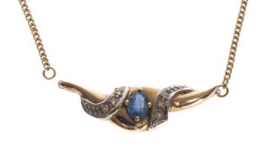 YELLOW METAL OVAL MIXED-CUT SAPPHIRE & DIAMOND CHIP PENDANT, stamped '750', on 9ct gold chain, 6.