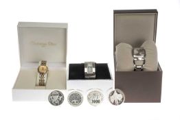 ASSORTED FASHION WATCHES & COINS comprising boxed Gucci wristwatch, boxed Christian Dior wristwatch,