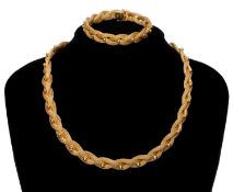 18CT GOLD WOVEN MESH & BEAD CHOKER NECKLACE, 44.5 (l) x 1cms (w), 53.5g; together with a matching