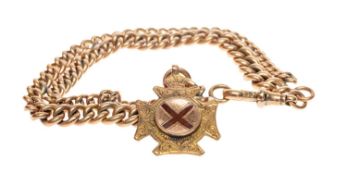 9CT GOLD DOUBLE CURB LINK ALBERT & FOB, with lobster clasp, the Maltese cross shaped 9ct fob with