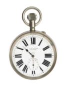 GOLIATH NICKEL CASED 8-DAY QUARTER REPEATING POCKET WATCH, white enamel Roman dial, Roman