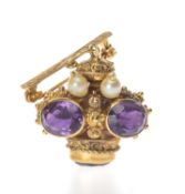 YELLOW METAL ETRUSCAN STYLE AMETHYST & PEARL CROWN PENDANT, with bar brooch stamped '750', 17.7g,