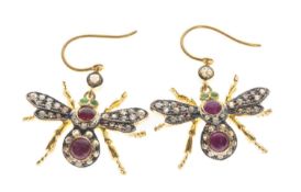 PAIR OF SILVER & SILVER GILT MULTI-GEM INSECT EARRINGS, set with ruby and emerald cabochons and