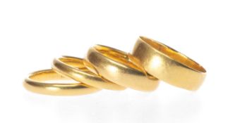 FOUR 22CT GOLD WEDDING RINGS, including size M, 7g; size O, 5g; size N, 4.3g; and size N (worn), 3.