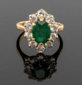 18CT GOLD EMERALD & DIAMOND CLUSTER RING, principal stone approx. 10 x 8mms, total diamond wt.
