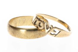 TWO 9CT GOLD RINGS comprising 'LOVE' ring and a wedding band, 5.7g gross (2) Provenance: private