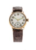 9CT GOLD SWISS TRENCH WATCH, white enamel dial with subsid. secs, monogram engraved back and date '