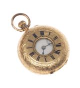 18CT GOLD LADIES' SWISS HALF HUNTER FOB WATCH, with enamel inset Roman hours to the outer cover,