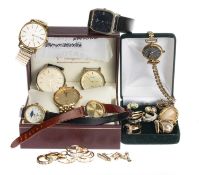 ASSORTED JEWELLERY & WATCHES comprising a group of various 9ct gold earrings, 11.2g gross,