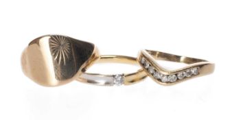 THREE GOLD RINGS comprising 9ct gold diamond wishbone ring (2.0g), 9ct gold signet ring (2.8g) and