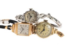 THREE LADIES' VINTAGE WRISTWATCHES, comprising 18K gold Ancre art deco watch with domed crystal,