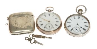 TWO SILVER OPEN FACE POCKET WATCHES, Chester and Birmingham hallmarks, together with an EPNS vesta