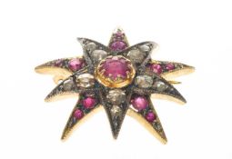 SILVER GILT RUBY & ROSE-CUT DIAMOND STAR BROOCH / PENDANT, stamped '925', loop stamped '585', 3.6g