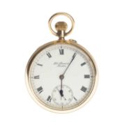 J. W. BENSON 9CT GOLD OPEN FACE POCKET WATCH, signed stepped white enamel dial, subsidiary seconds