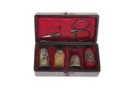 LATE GEORGIAN SEWING COMPANION, comprising filigree thimble container, base engraved with initial,
