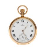 OMEGA 9CT GOLD OPEN FACE POCKET WATCH, signed stepped white enamel dial, subsidiary seconds dial,